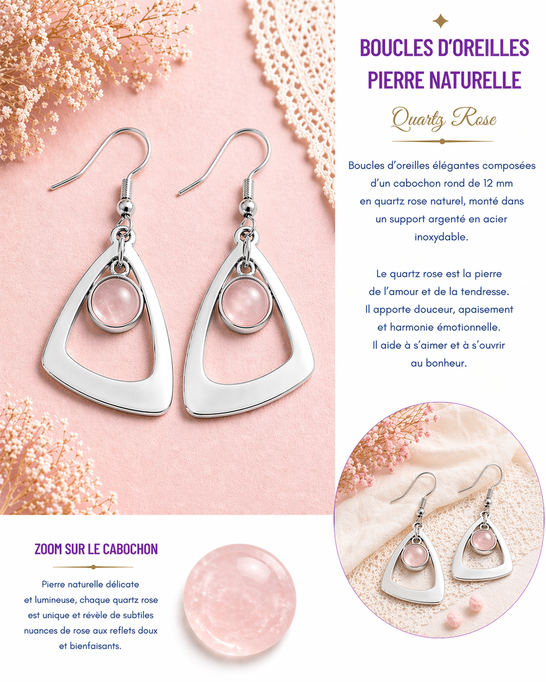 Boucles d’oreilles quartz rose pierre naturelle